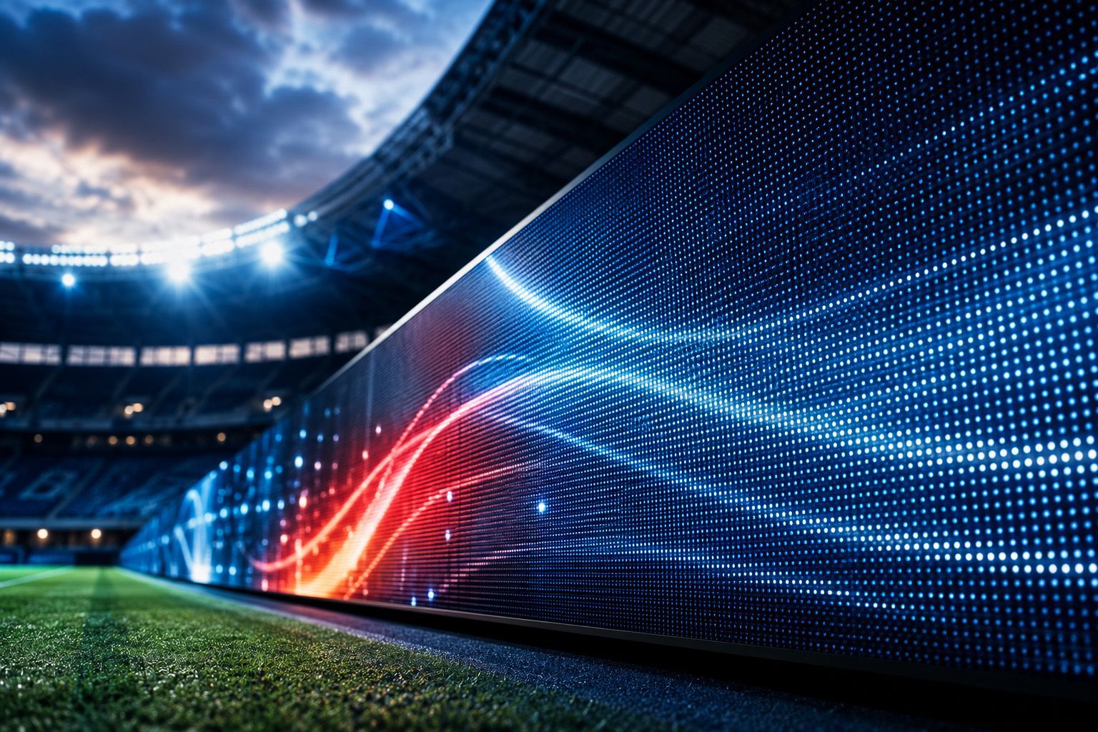 Onde di dati rosse e blu luminose su uno schermo LED in uno stadio, accanto a un campo verde, di notte.
