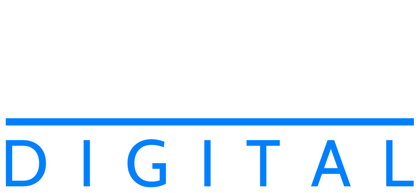 A blue and white digital logo on a white background.