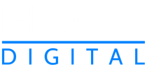 A blue and white digital logo on a white background.