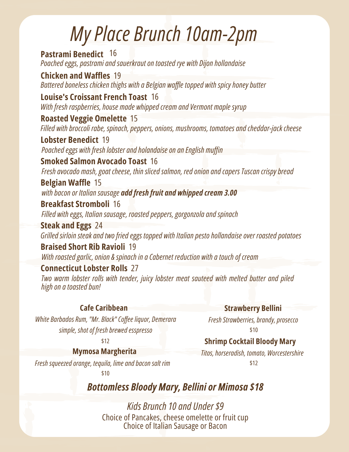 Menu for My Place Brunch, offering various breakfast and drink options from 10 am to 2 pm.