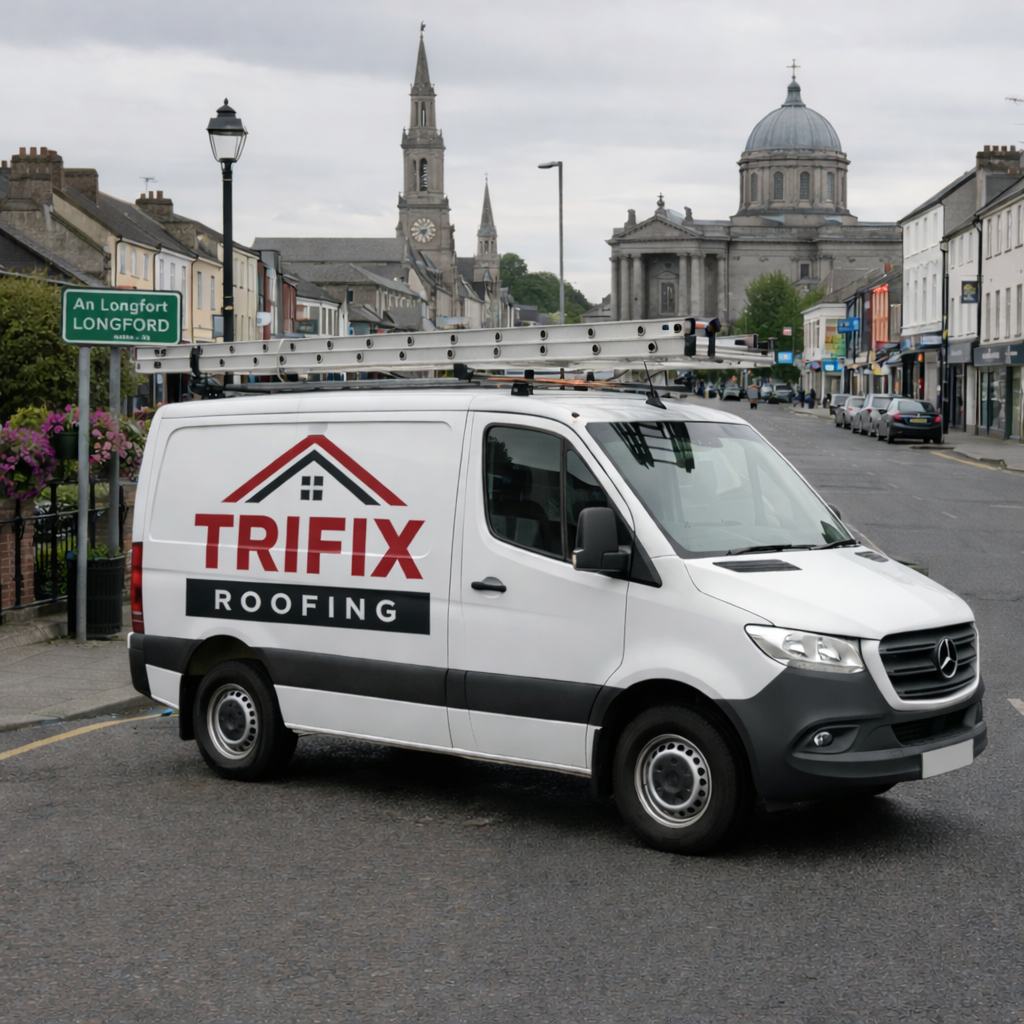 White Comfort Roofing van parked on asphalt; ladder on roof. Logo: red roof, blue triangle.