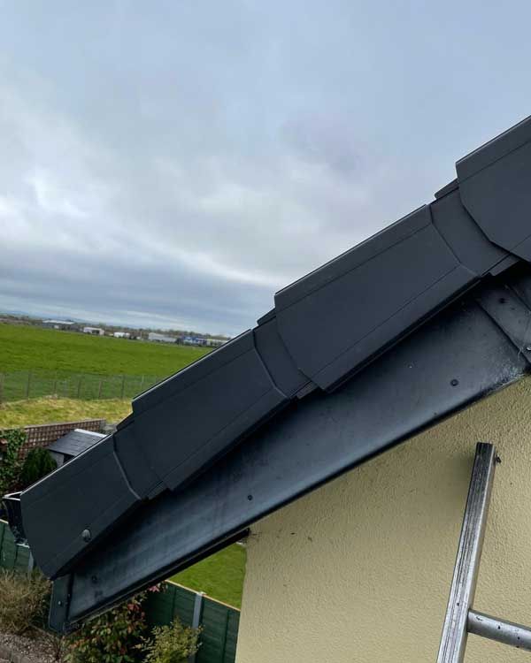 Dark gray roof with tiles and trim on beige house, ladder in view, green field in background.