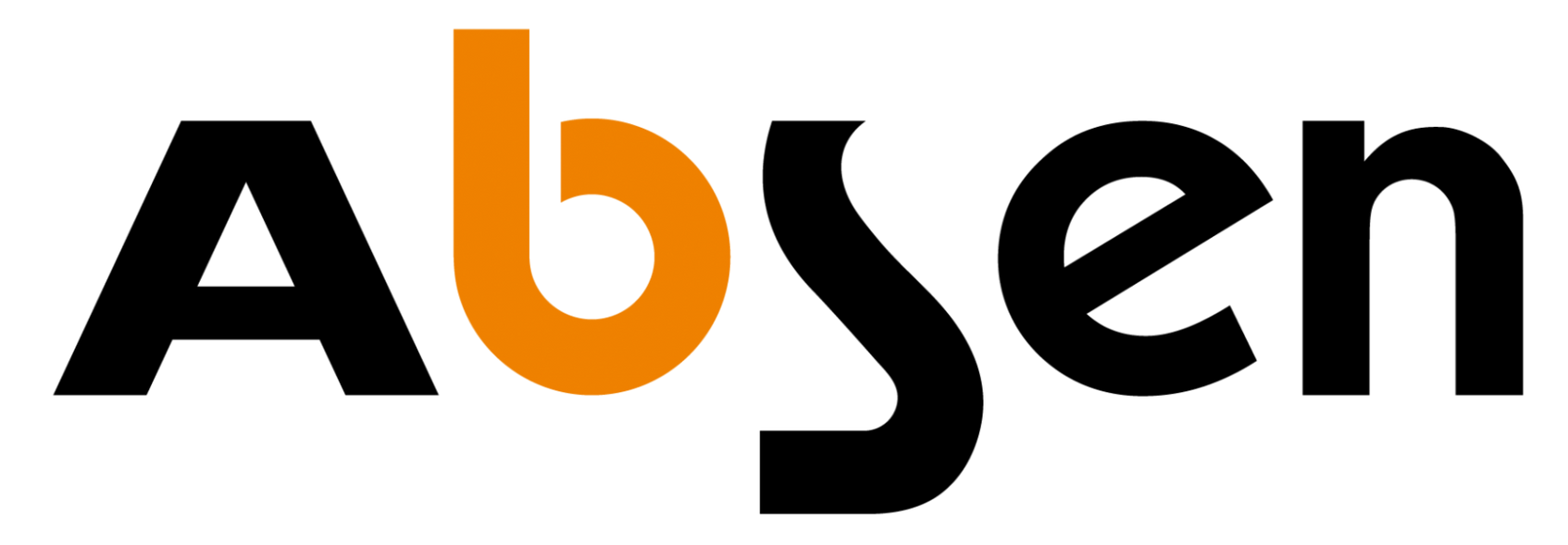 Logo di Absen in nero e arancione su sfondo bianco.