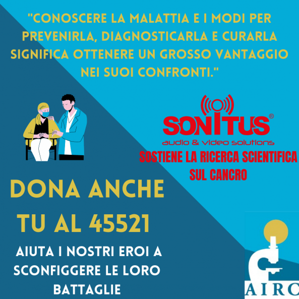 Pubblicità: Sostieni la ricerca sul cancro. Sfondo blu con testo, persone, logo e numero di telefono.