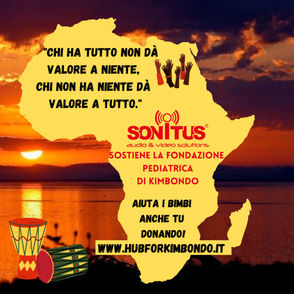 Immagine dell'Africa con testo che promuove la Kimbondo Pediatric Foundation. Presenta un tramonto, tamburi e mani.