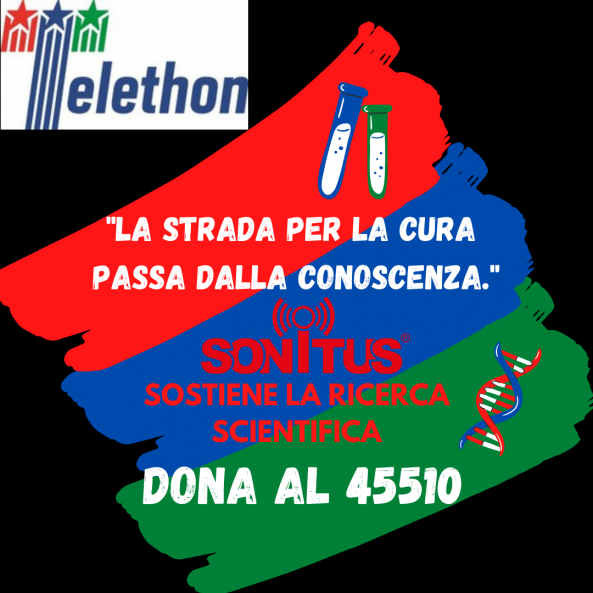 Manifesto di raccolta fondi Telethon con pennellate rosse, blu e verdi. Recita: