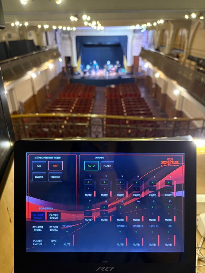 Auditorium con file di sedie di fronte a uno schermo, soffitto e pareti decorati.