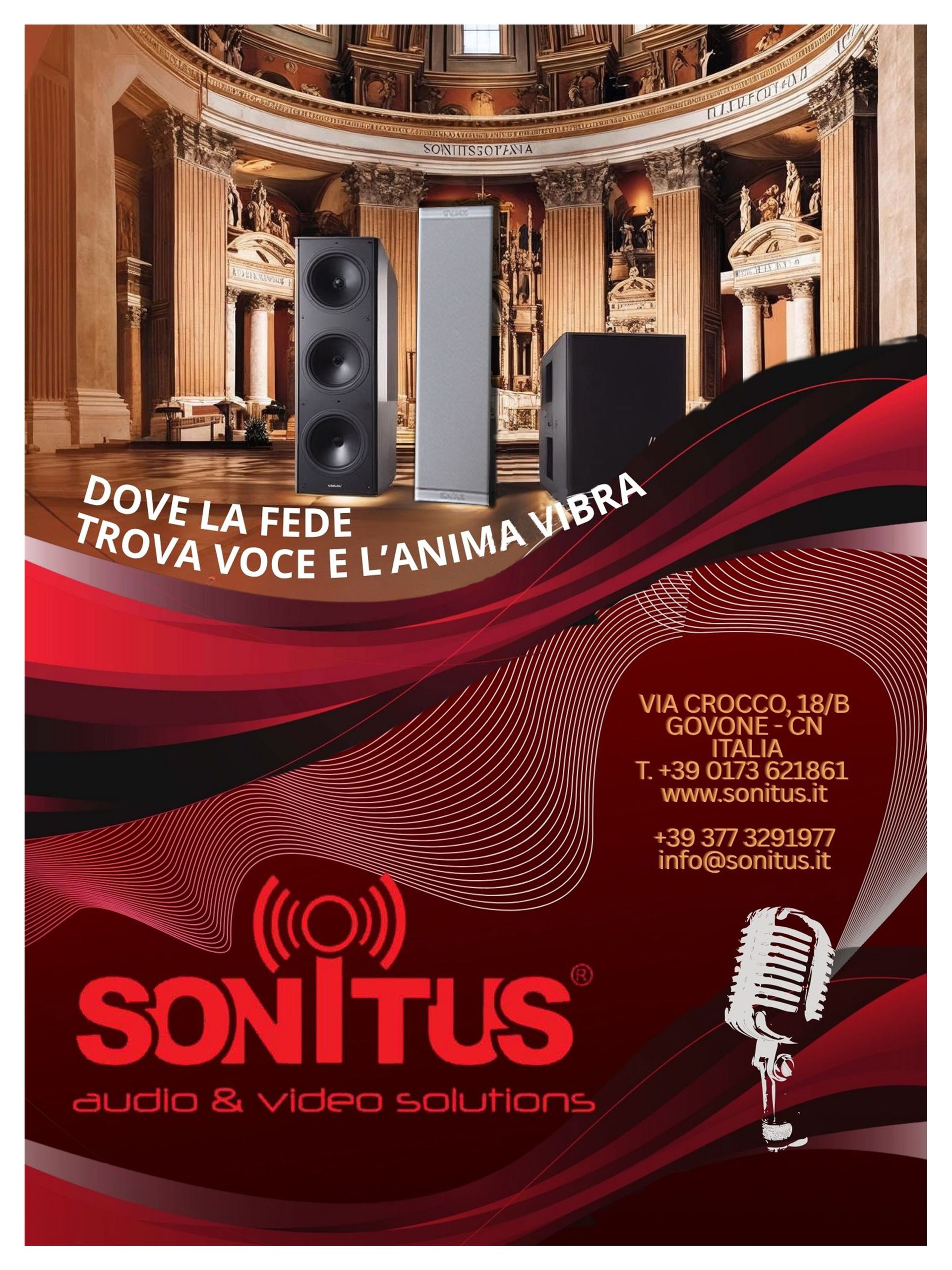 Manifesto promozionale per le soluzioni audio e video Sonitus in un grande teatro, con altoparlanti e grafica a onde rosse.