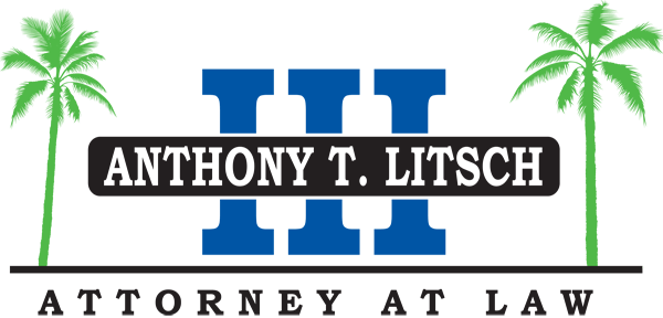 Logo for Anthony T. Litsch Attorney at Law with blue stylized roman numeral three and palm trees.