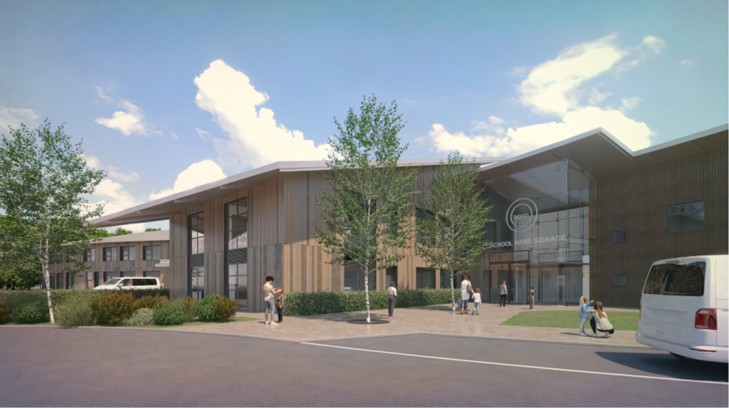 An artist 's impression of a large building with a bus parked in front of it.