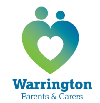 A logo for warrington parents and carers with two people in a heart