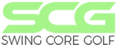 The logo for swing core golf is green and black.