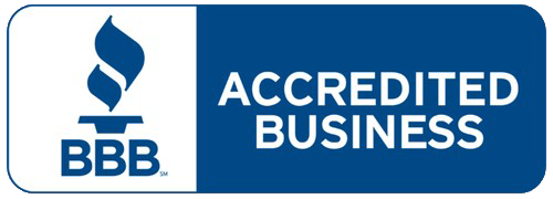 BBB Accredited Business logo with blue shield icon and white text on blue background