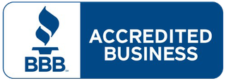 BBB Accredited Business logo with blue shield icon and white text on blue background