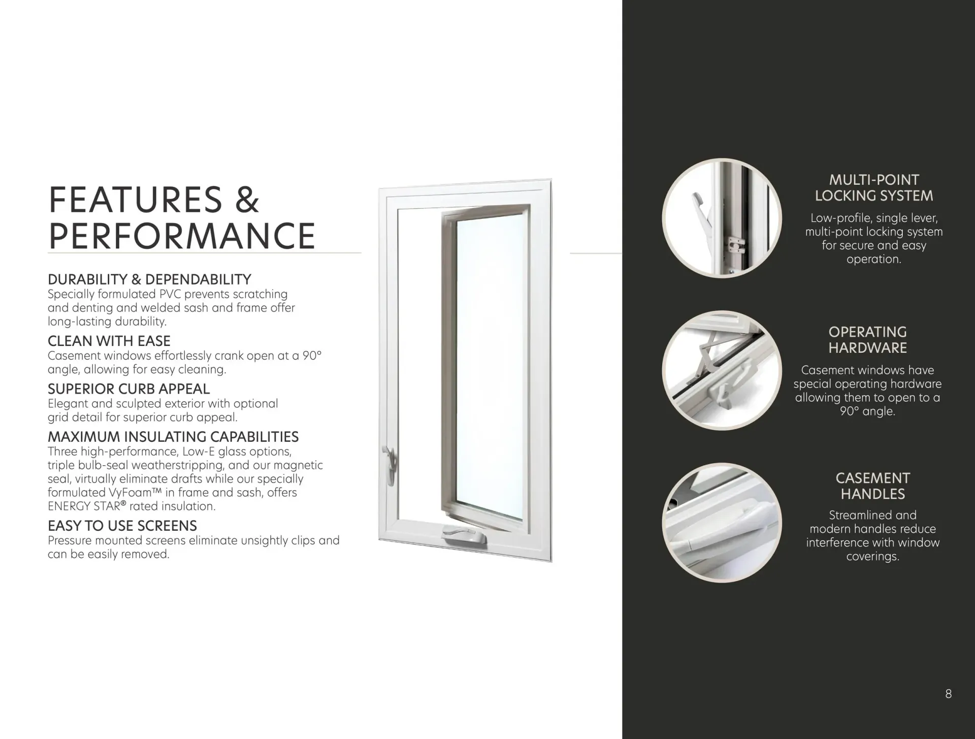 Brochure showing a white door frame and feature details with three circular close-up insets