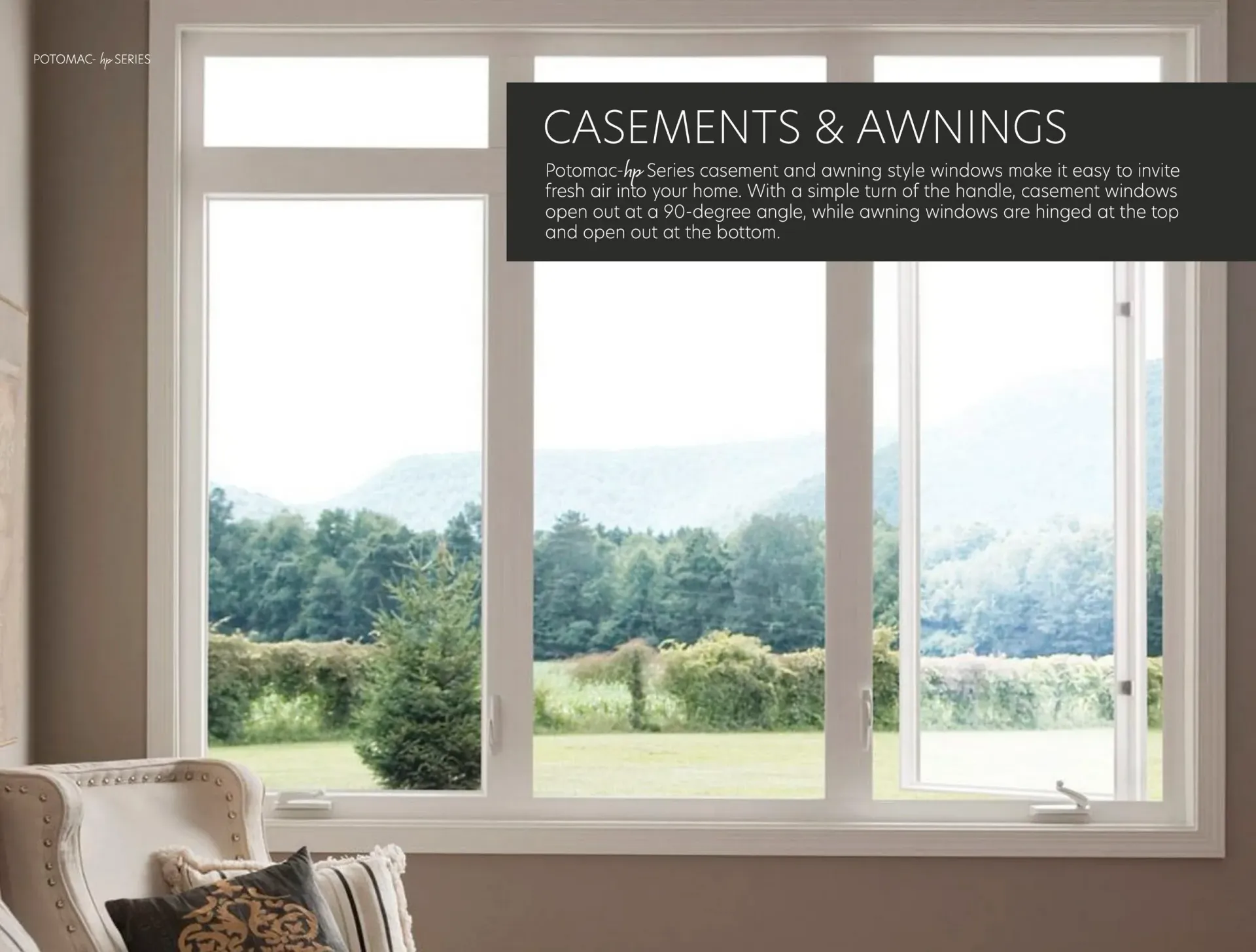 Bright living room window with white casement and awning windows overlooking green trees and lawn