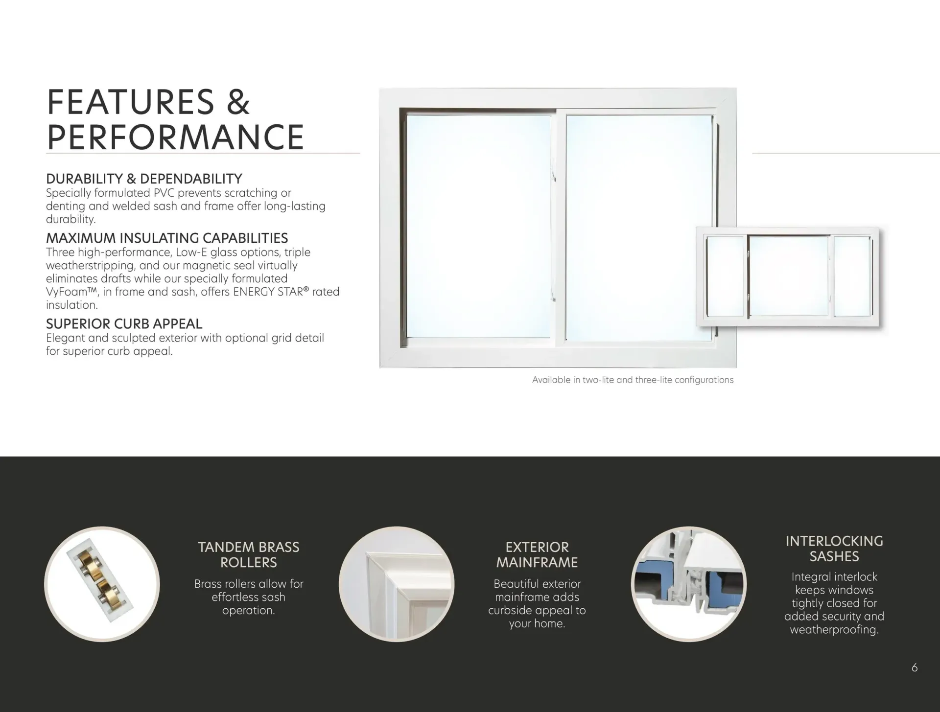 Windows product features and performance brochure with white sliding window illustrations on a black-and-white layout