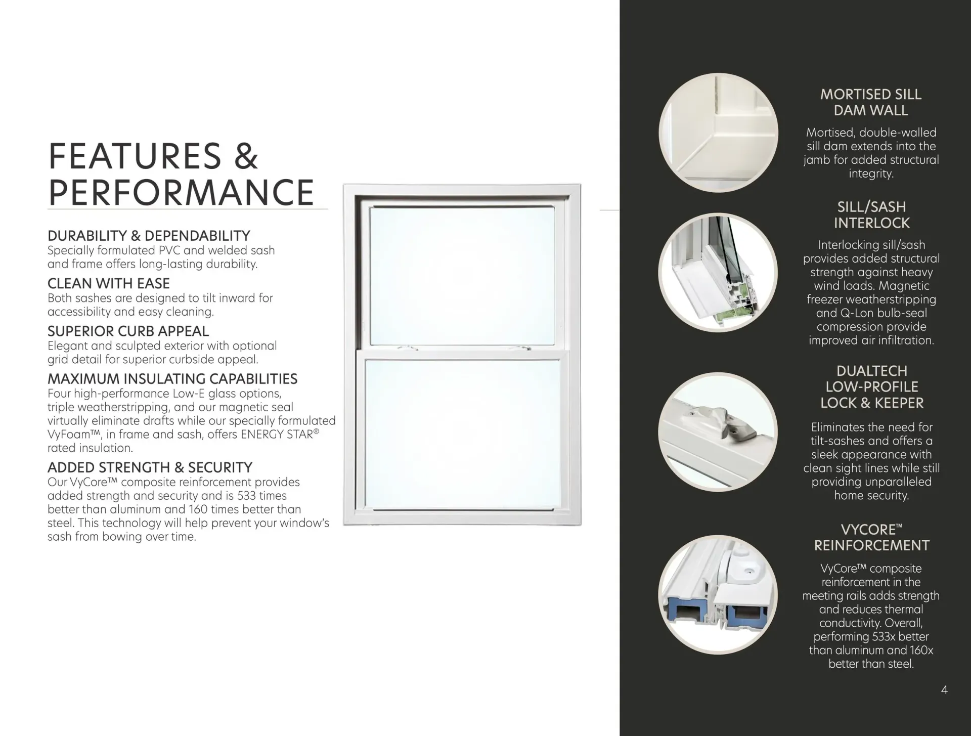 Brochure page showing window features, product photo, and circular detail images on a white and black layout