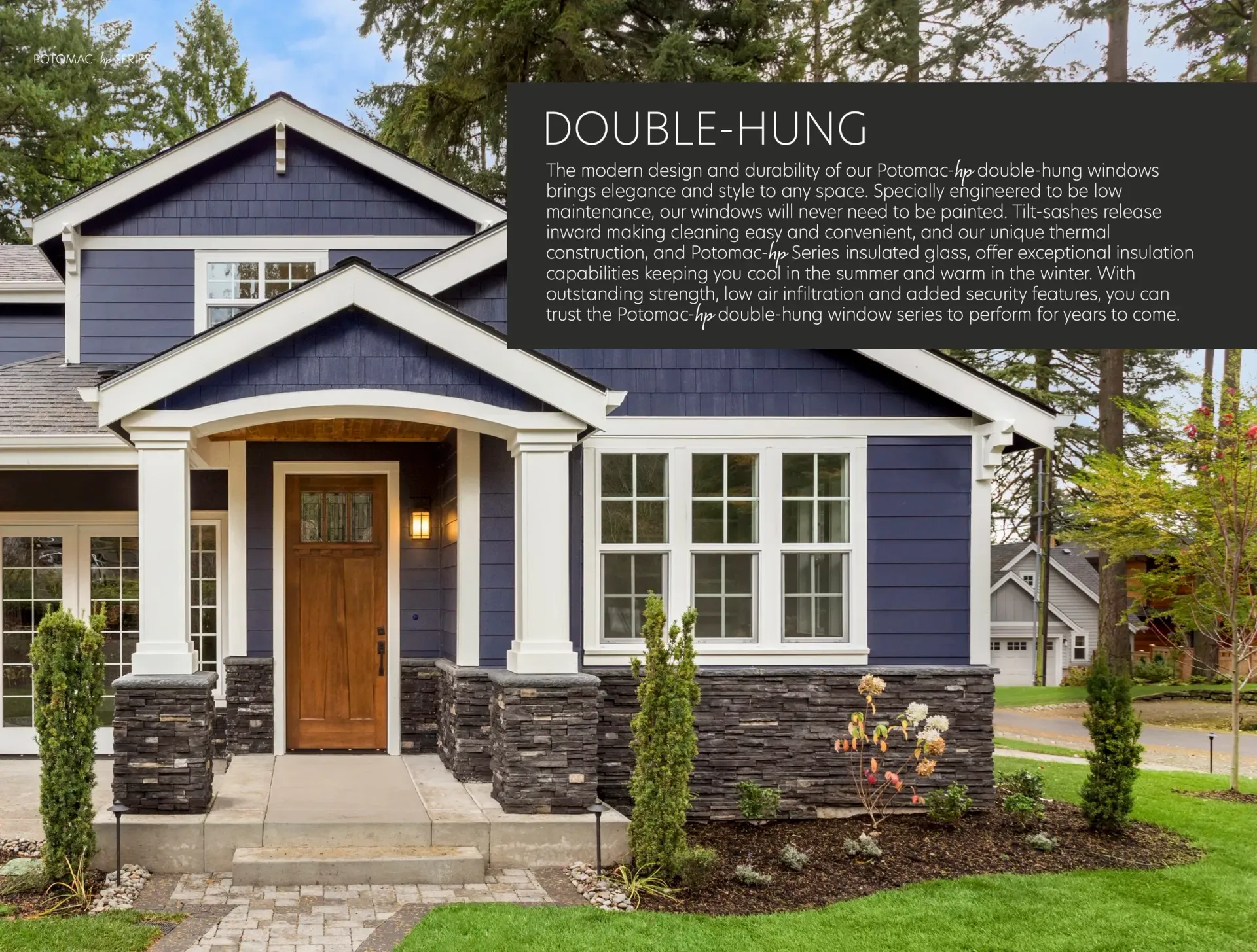 Blue house with white trim and stone porch under a large overlaid text block