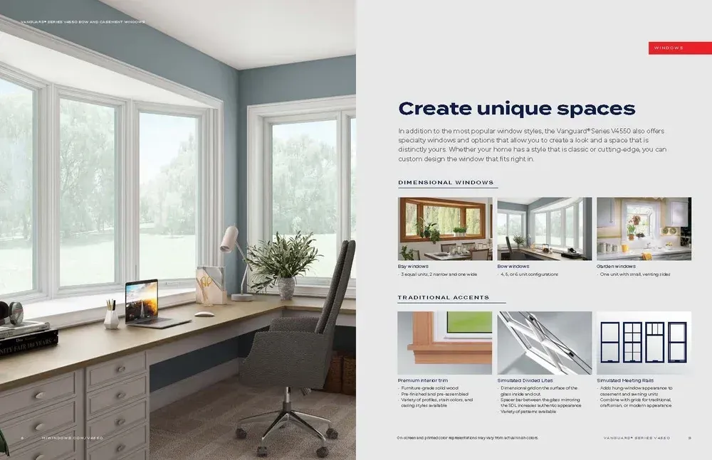 Modern home office with large windows and a web page promoting unique spaces