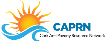 Logo of CAPRN, Cork Anti Poverty Resource Network: sun and waves with text