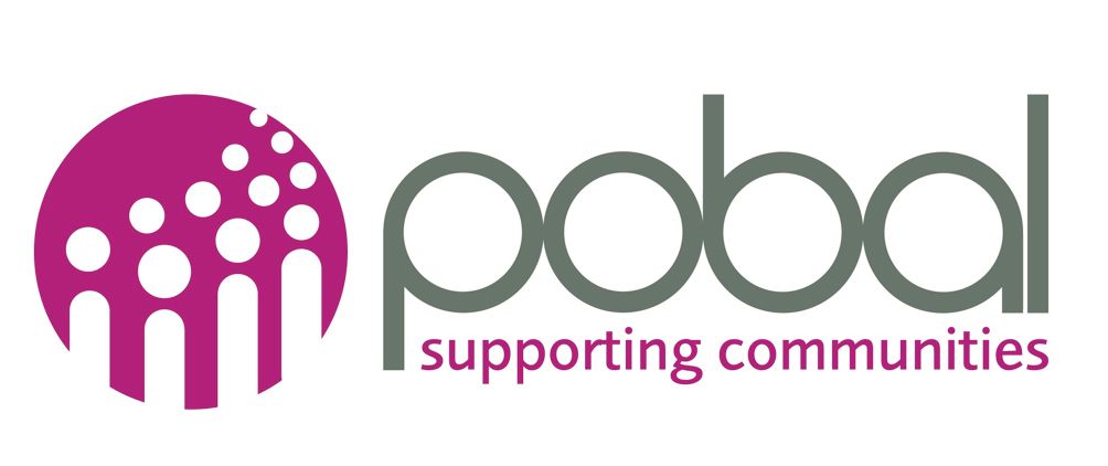 Pobal logo: purple circle with white dots, gray
