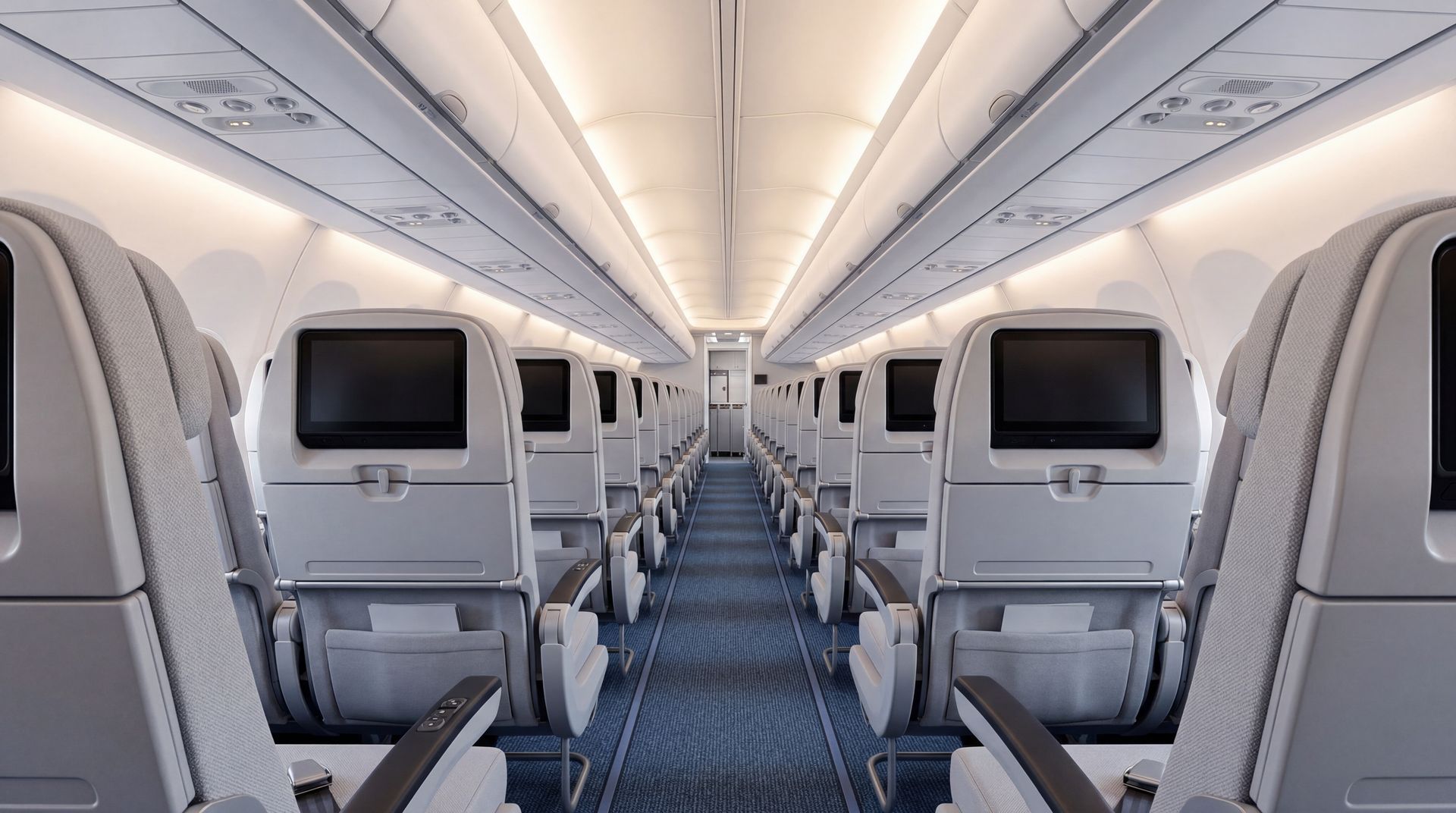Empty airplane cabin with rows of gray seats and overhead bins, viewed down the center aisle. Empty airplane cabin with rows of gray seats and overhead bins, viewed down the center aisle.