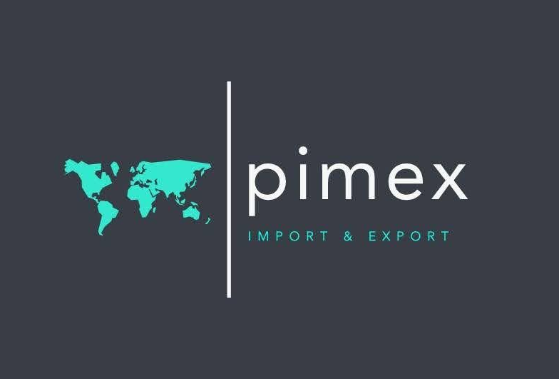 Logotipo de importación y exportación de PIMEX con mapa del mundo turquesa sobre fondo gris oscuro