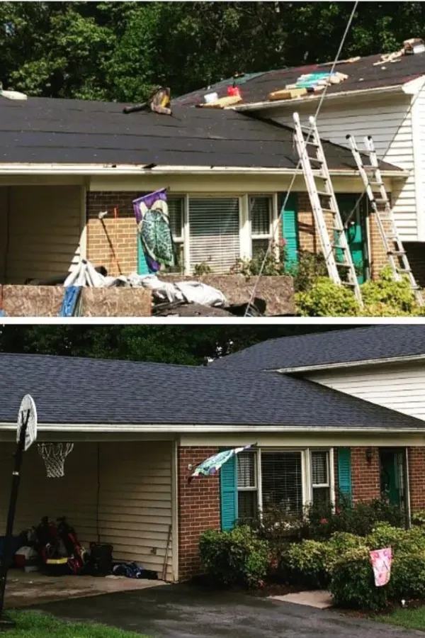 A before and after picture of a roof being installed on a house.