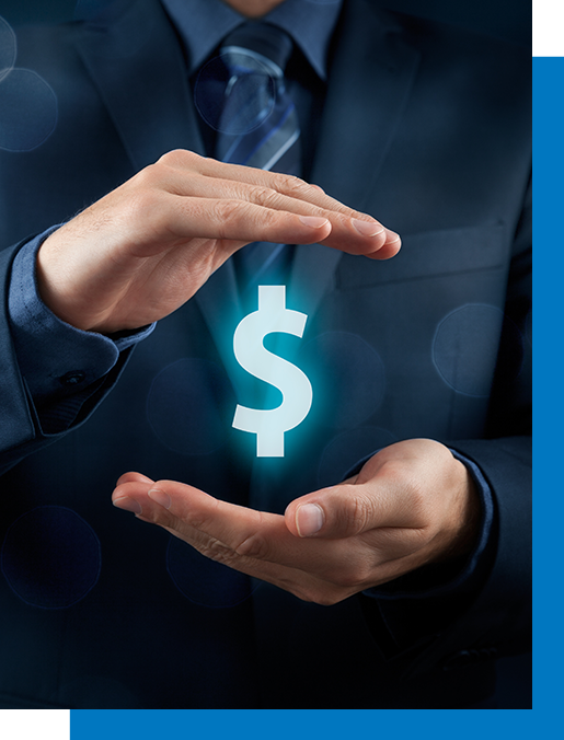A man in a suit and tie is holding a dollar sign in his hands.