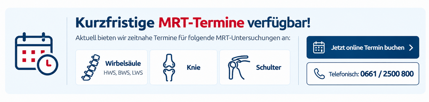 Kurzfristige MRT-Termine für Wirbelsäule, Knie und Schulter in Fulda. Online-Terminbuchung oder telefonisch unter 0661 2500 800.
