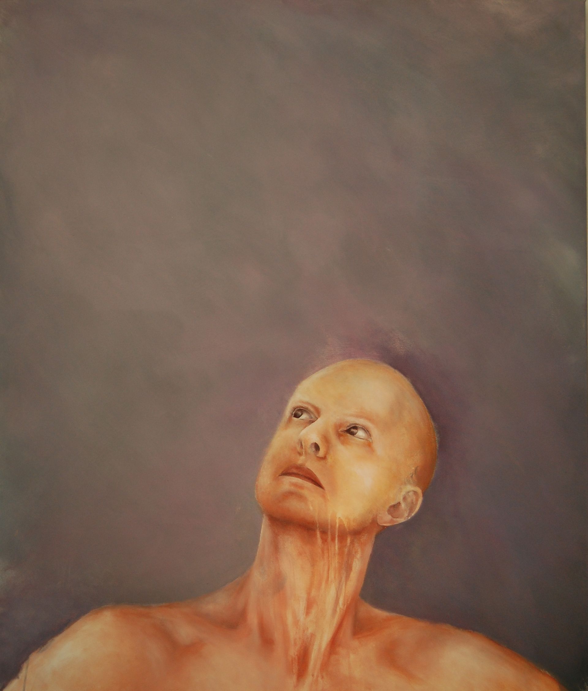 Een schilderij van een kale man die naar de lucht kijkt.