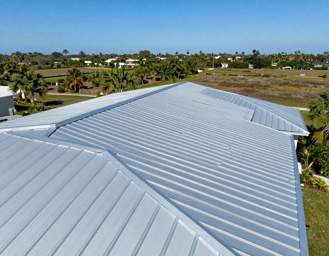 Wide aerial view of Florida home with standing seam metal roof showing panel geometry