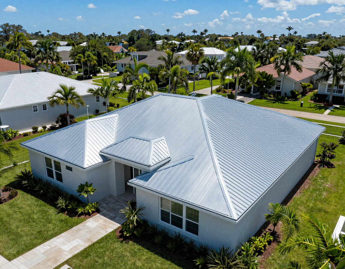Aerial view of Florida home with silver standing seam metal roof