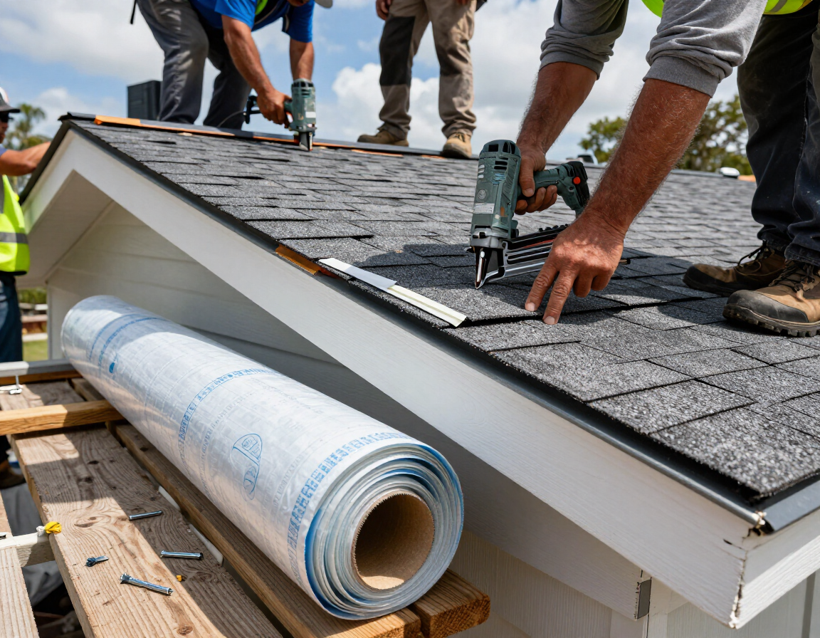 Roofing crew installing architectural shingles on a Florida home