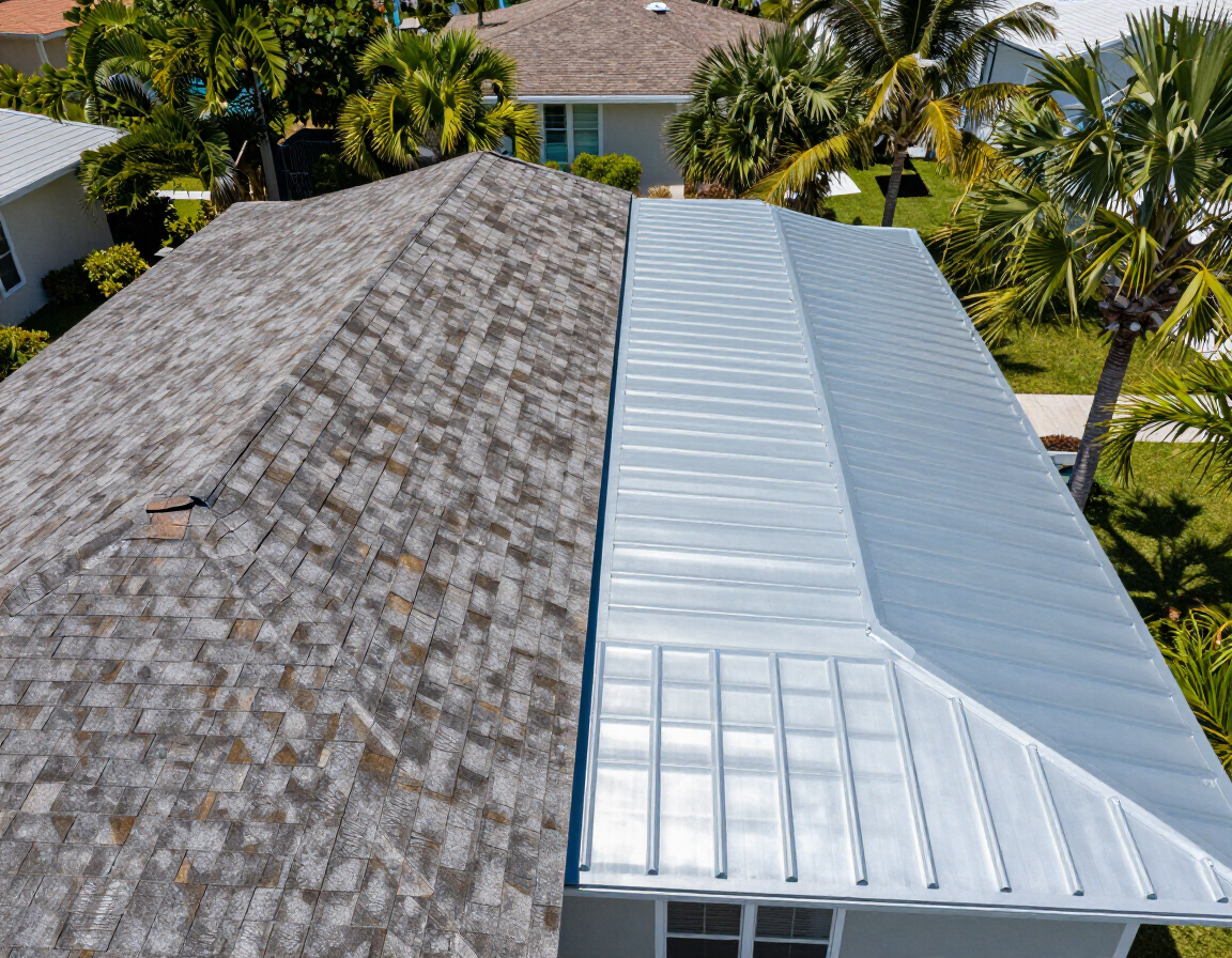 Florida home showing worn shingles next to new standing seam metal roof