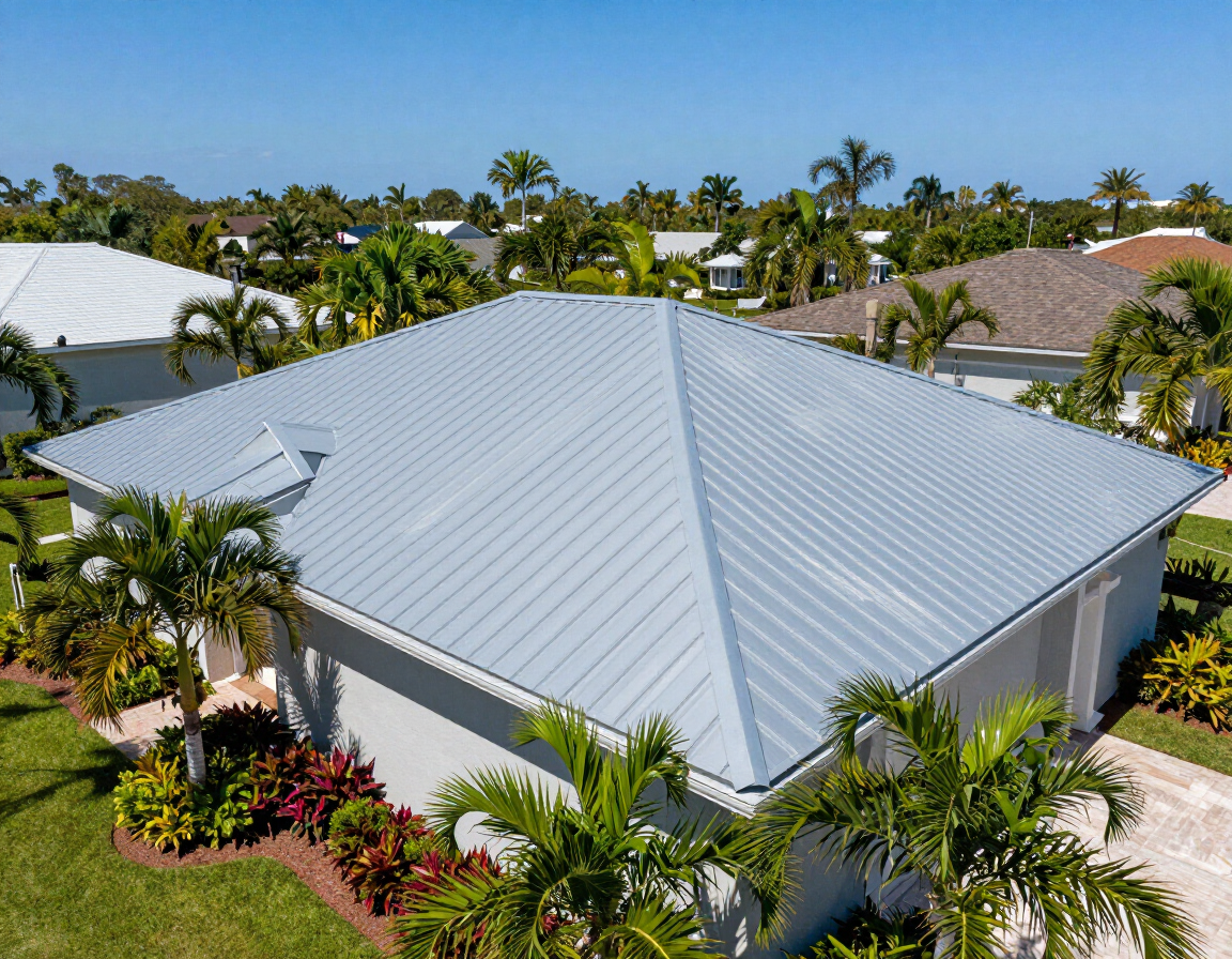Florida residential — newly completed standing seam metal roof aerial view
