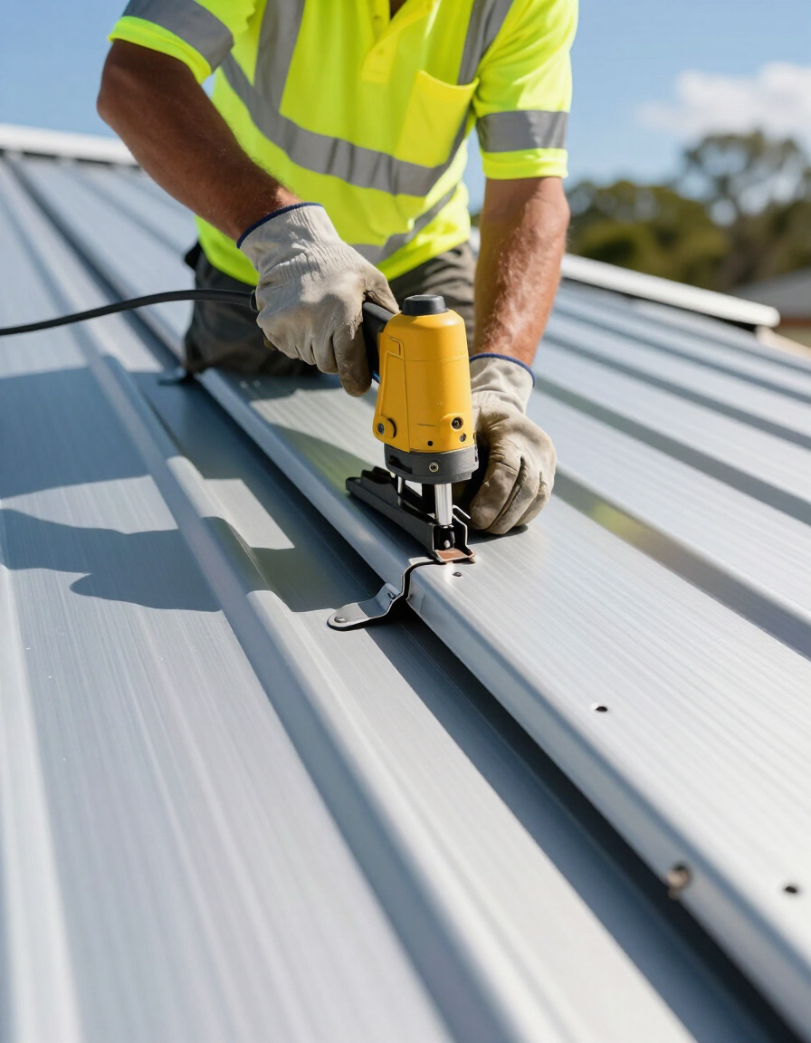 Standing seam metal roofing installation in progress