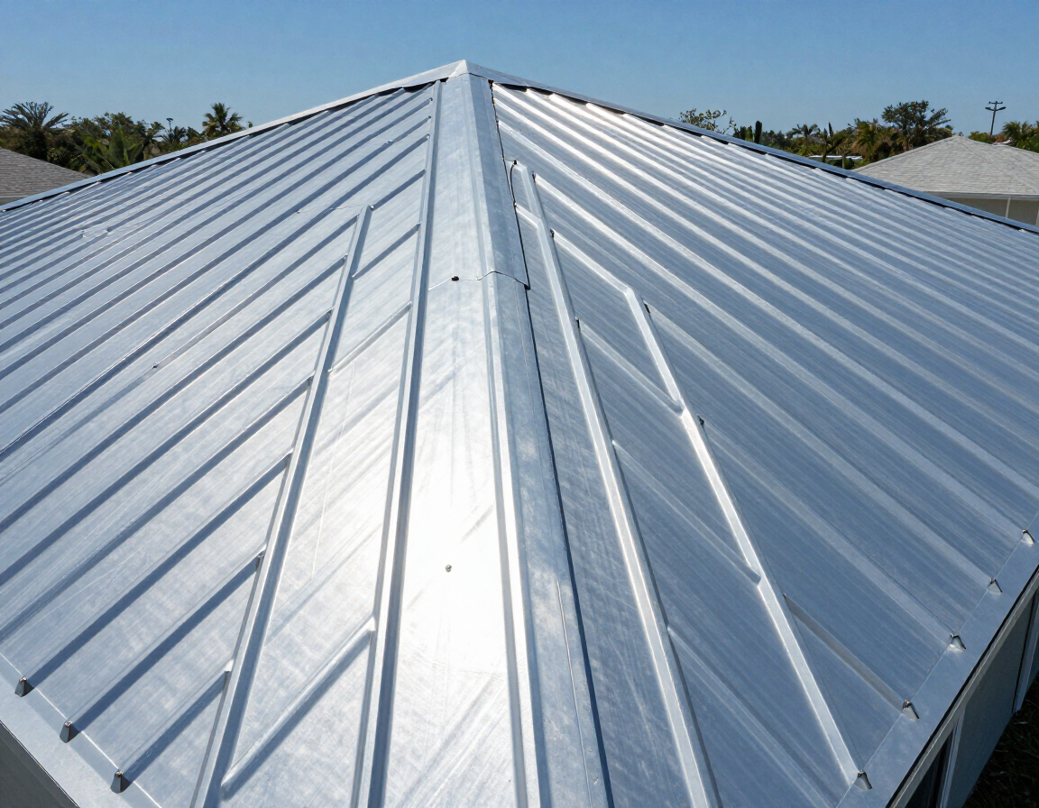 Standing seam metal roofing panels close-up