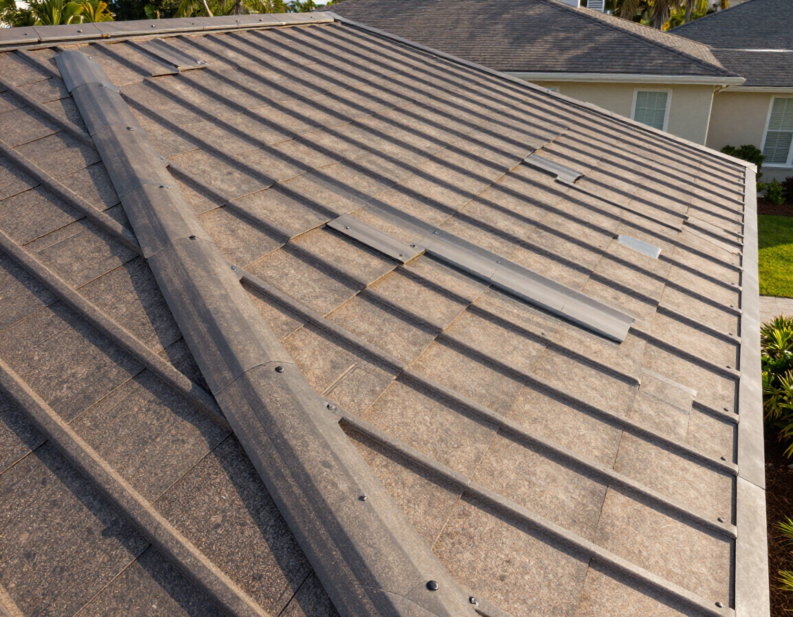 Metal shingles and tiles on residential roof