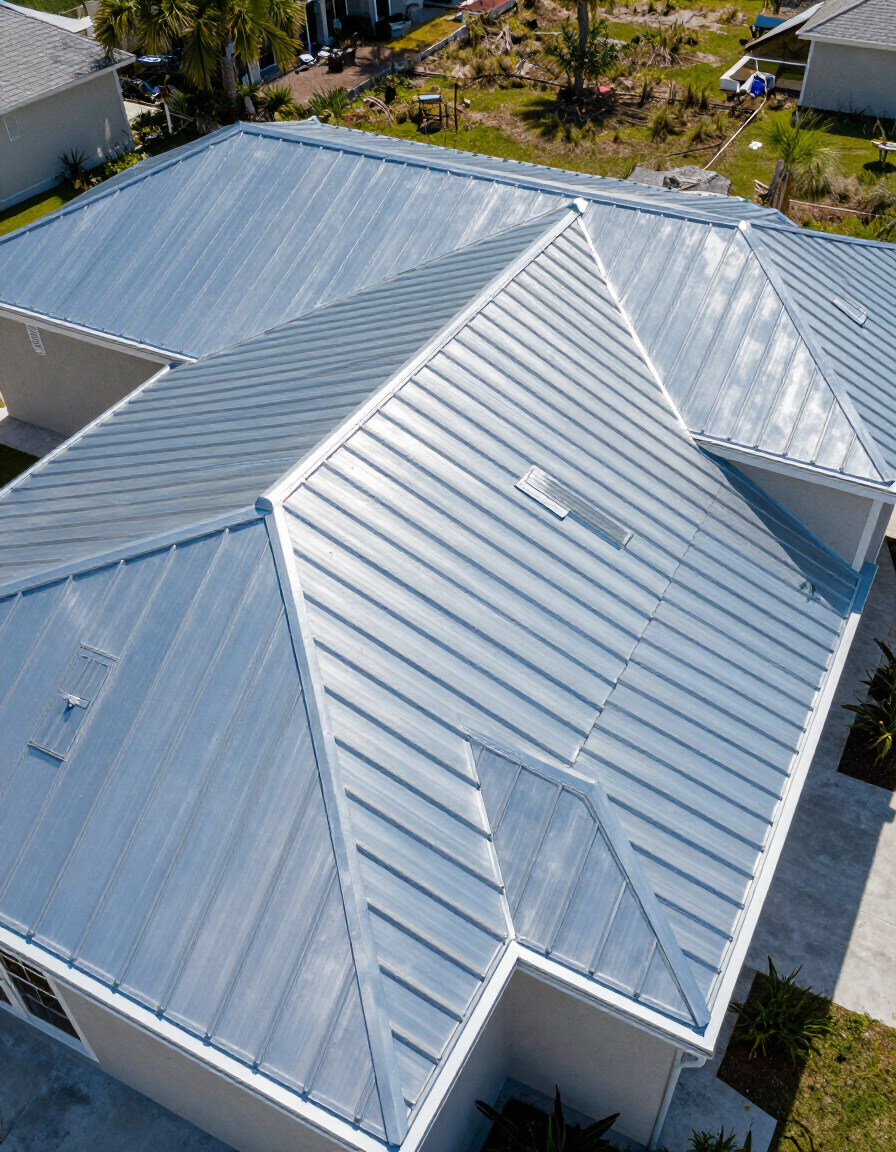 Aerial view of completed standing seam metal roof