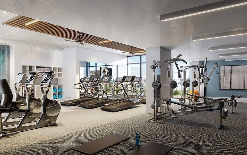 Modern apartment gym with treadmills, weight machines, and free weights.
