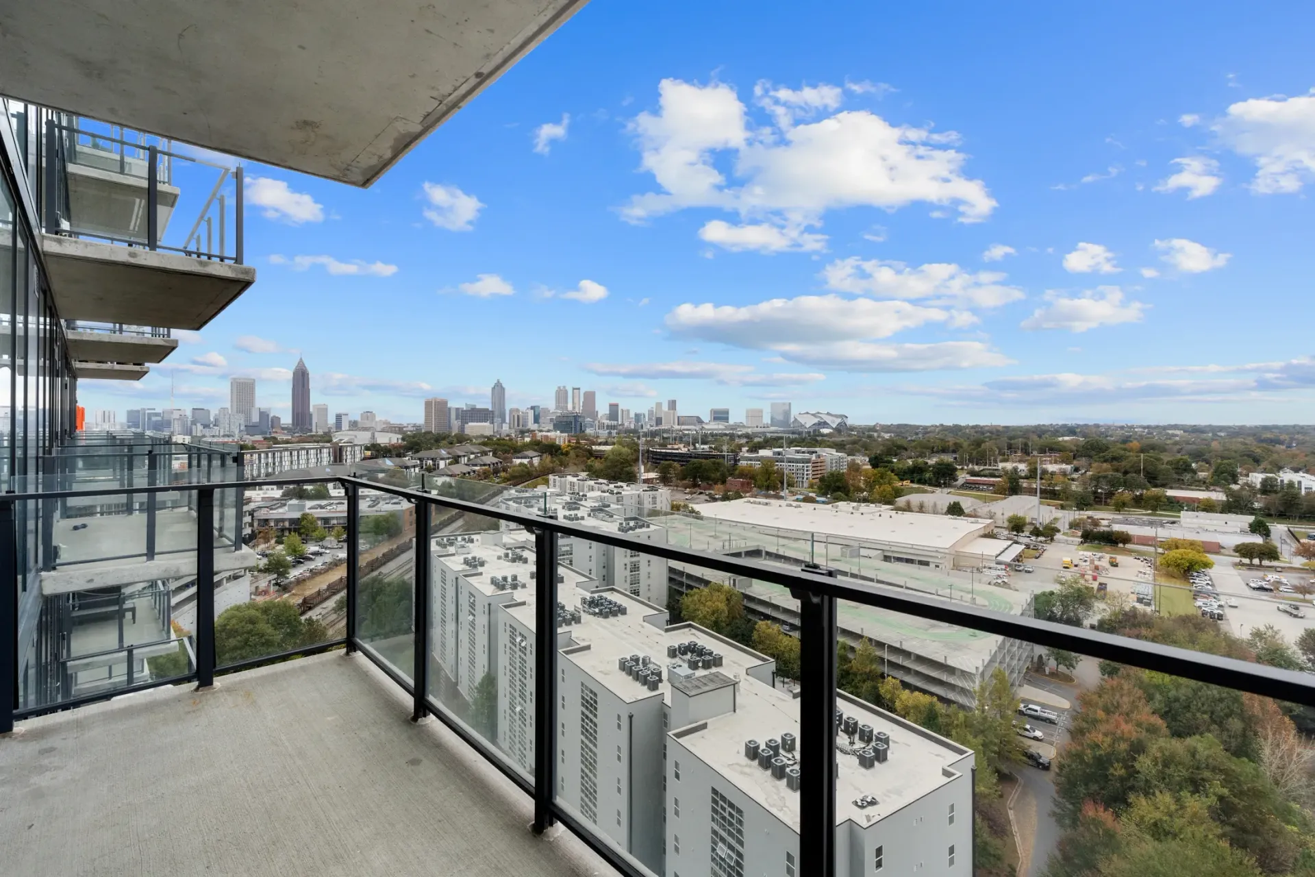 Balcony view of Atlanta skyline from apartment