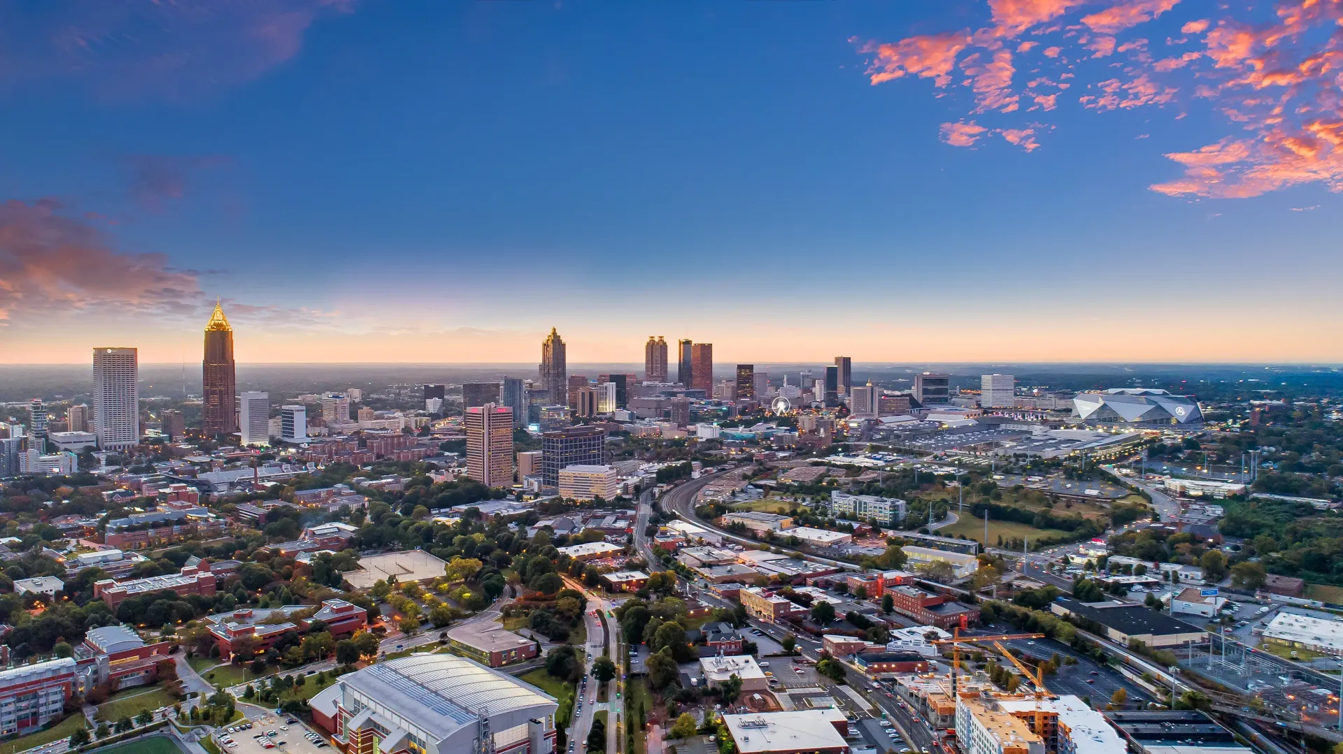 Aerial view of downtown Atlanta skyline at sunset