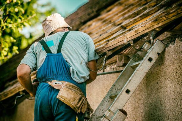 Person in blue overalls on ladder, repairing a weathered roof.