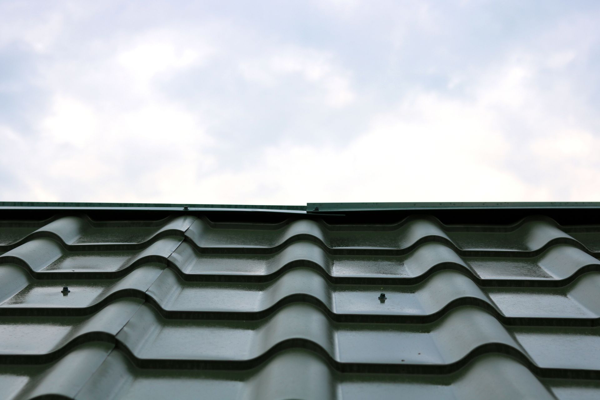 Dark gray roof tiles against a cloudy sky.