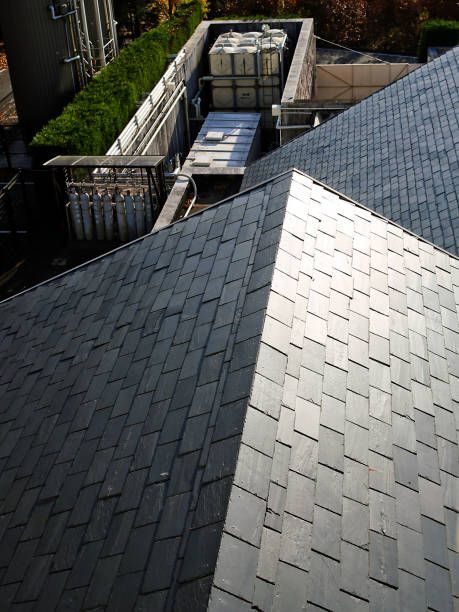 Slate roof on modern building, leading to a structure with tanks and equipment.