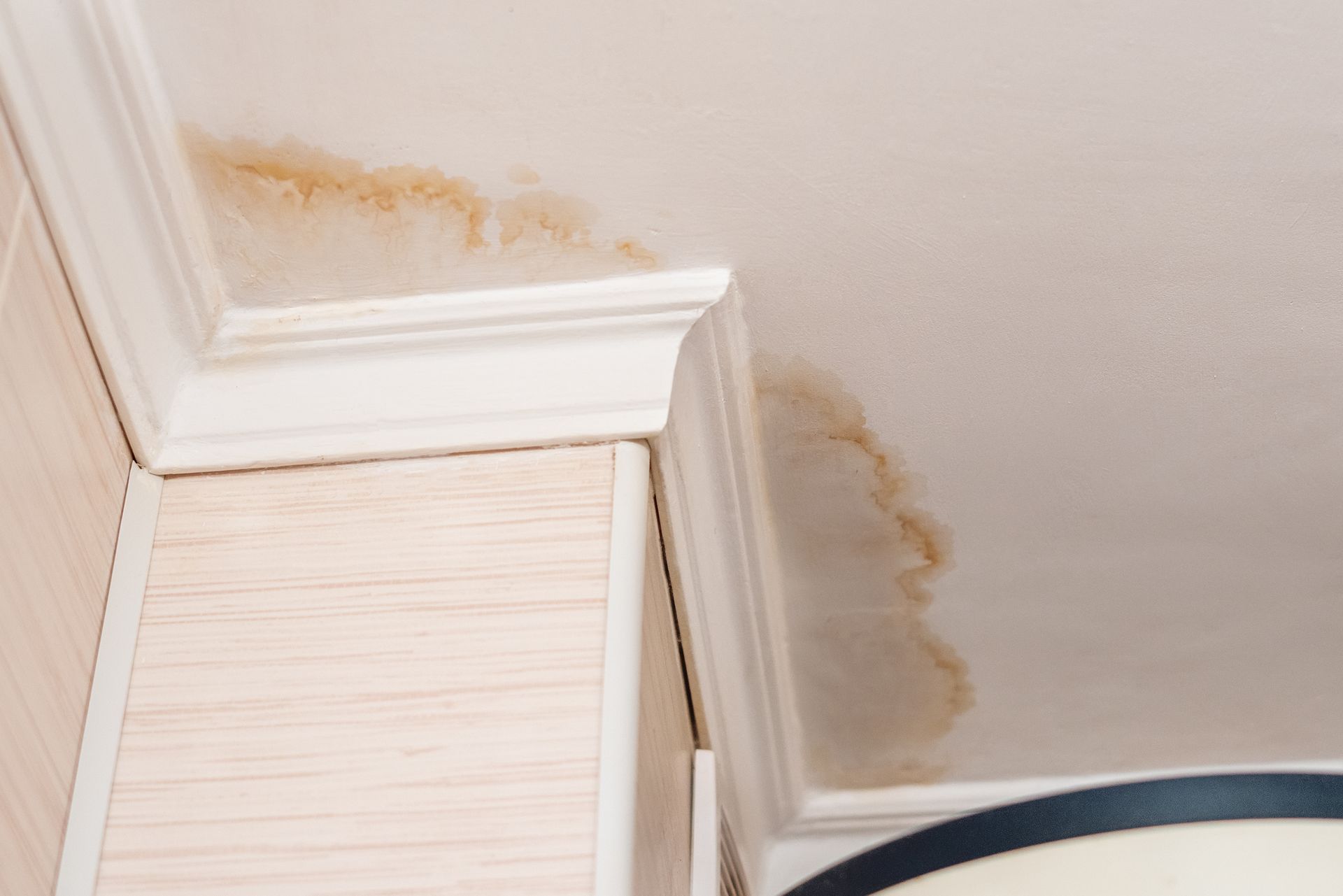 Stained ceiling near crown molding; water damage discoloration, likely from a leak.