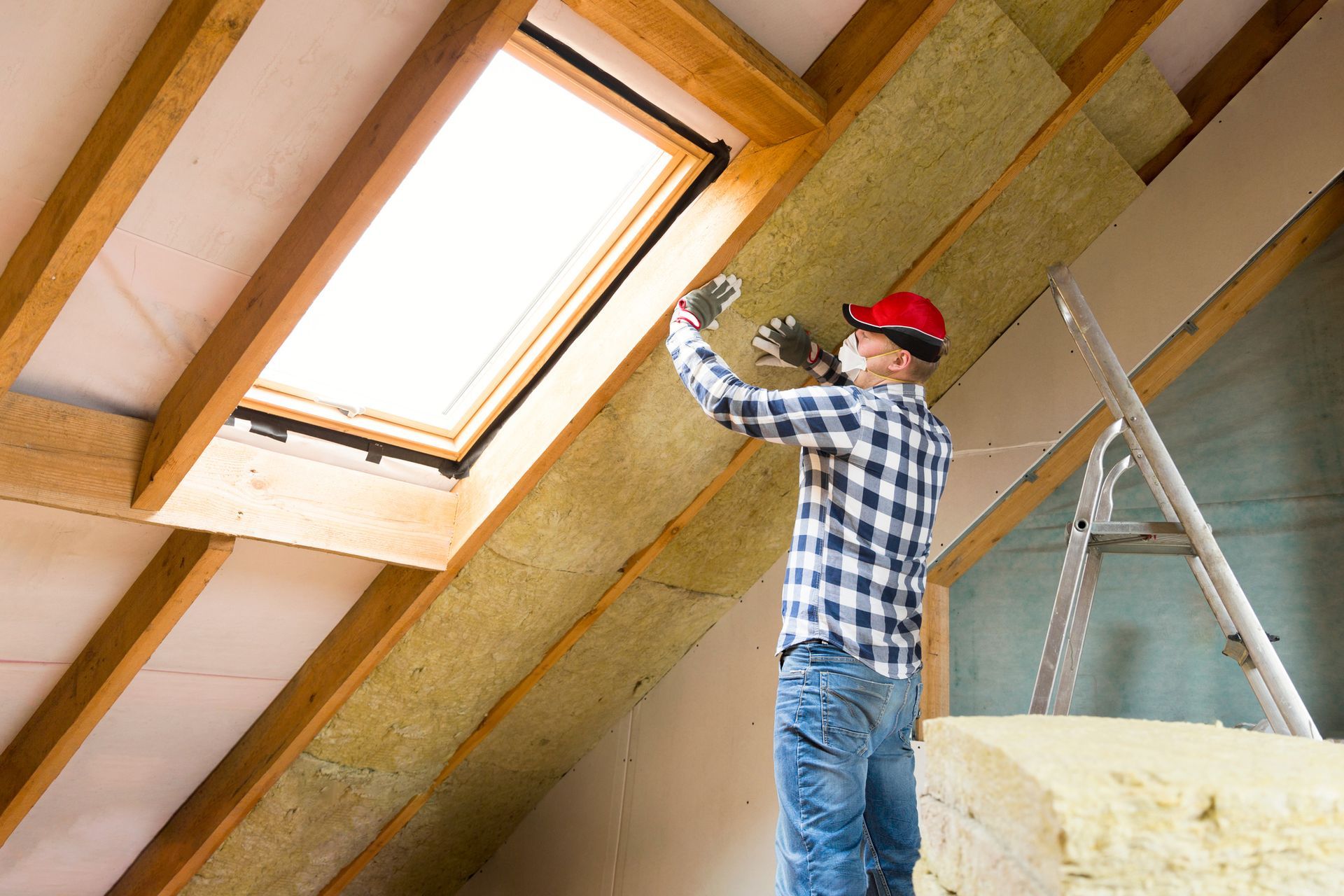 Man installing insulation around a skylight in an attic.