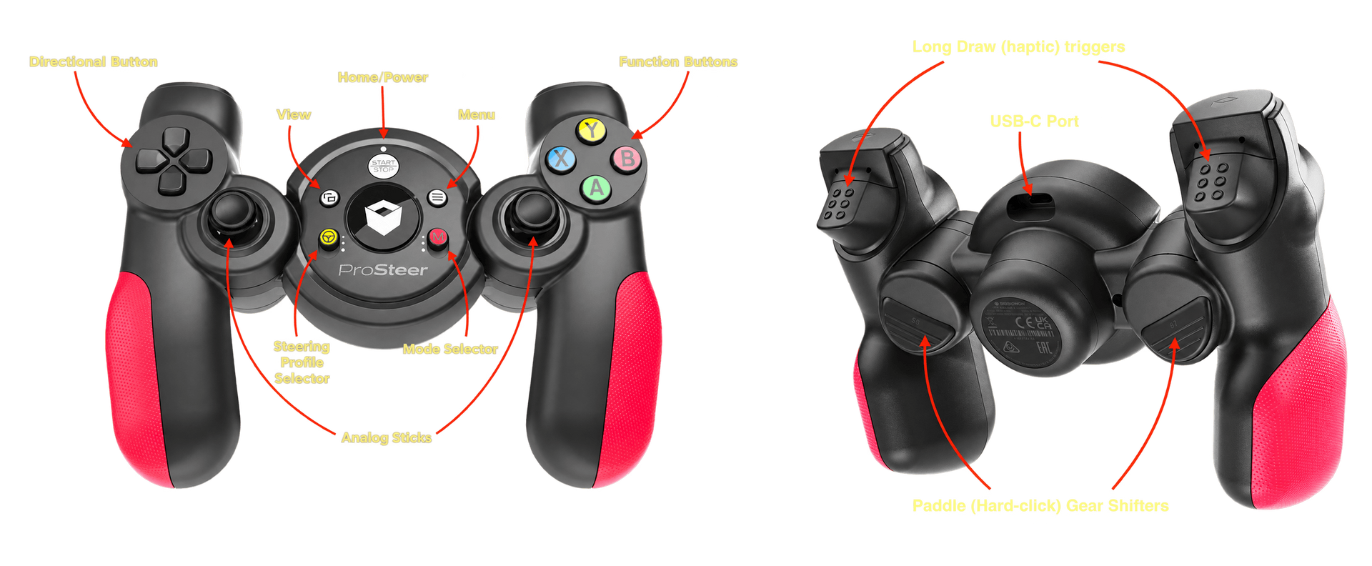 A black and red video game controller with a red handle on a white background.